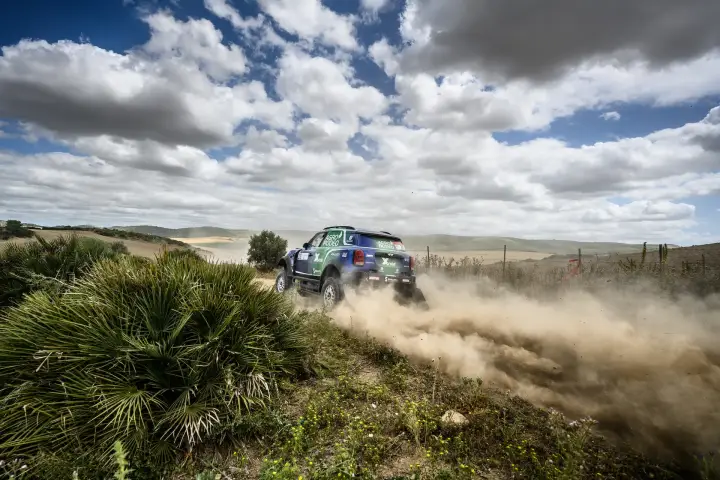 Andalucía Rally 2021: Mini kicking dust near palm trees hillside