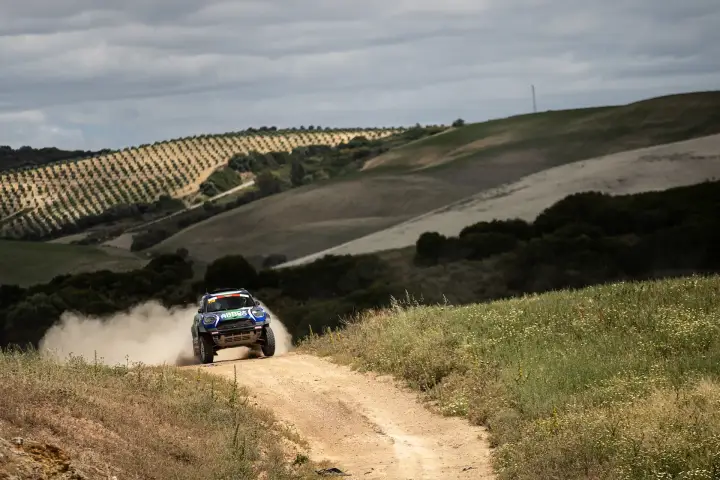 Andalucía Rally 2021: Mini racing dirt road past olive tree fields