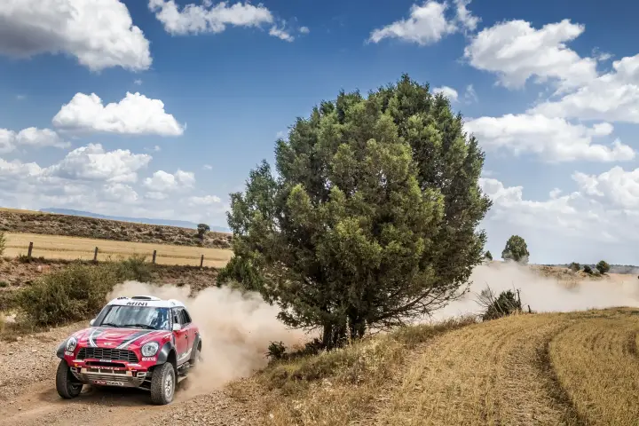 Baja Aragón 2017: red Mini rally car beside solitary tree field