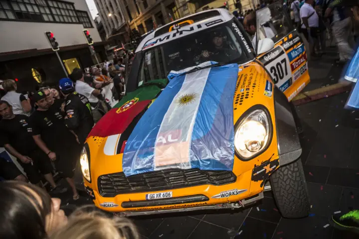 Dakar Rally 2014: Mini with Argentina flag on bonnet at finish