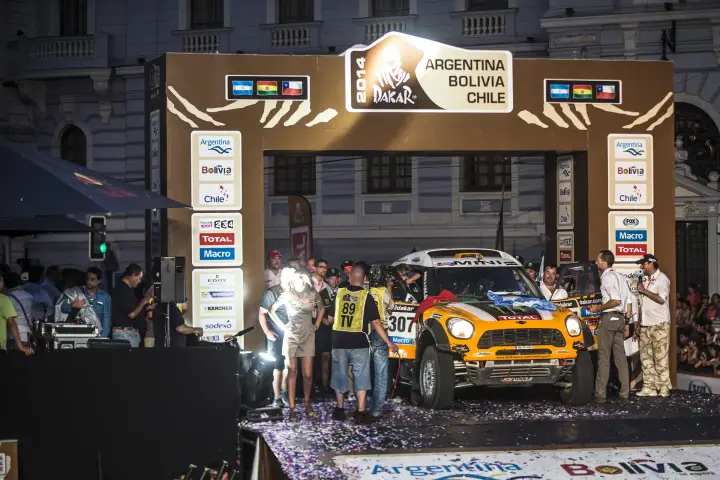Dakar Rally 2014: Mini on night podium ceremony stage