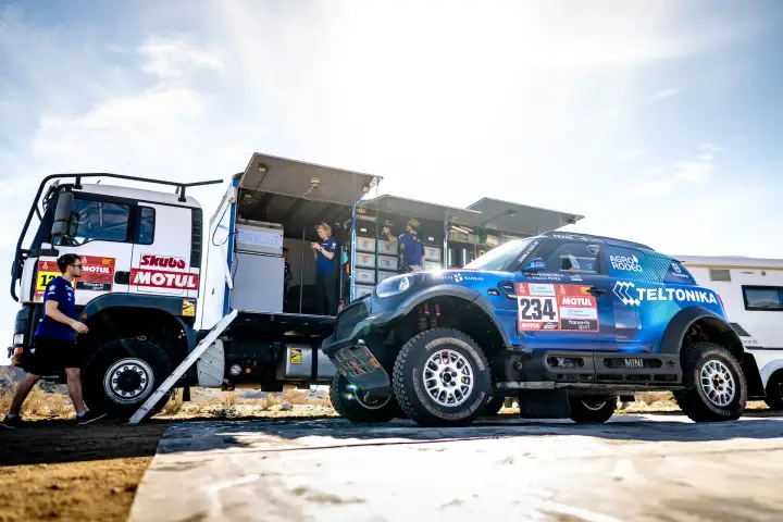 Dakar Rally 2022: team service truck and Mini at bivouac