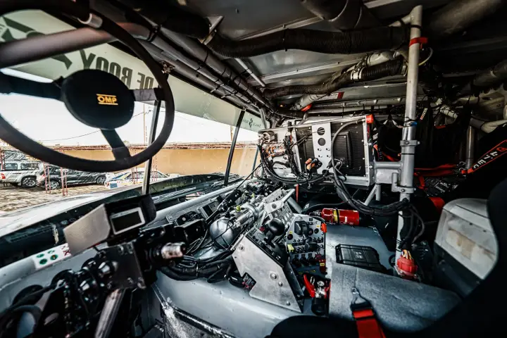 Dakar Rally 2025: interior cockpit view of rally truck dashboard
