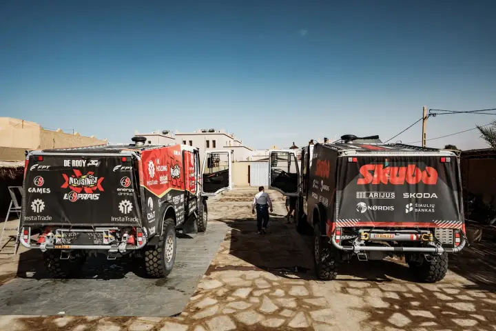 Dakar Rally 2025: two Skuba team service trucks parked at bivouac