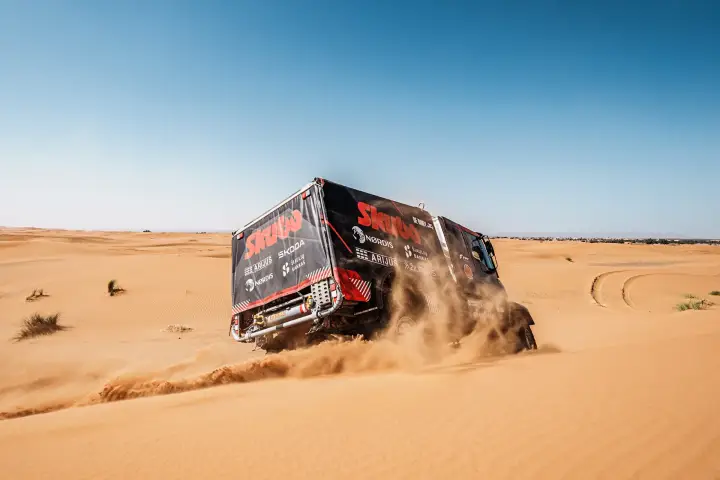 Dakar Rally 2025: Skuba truck rear view driving on open desert
