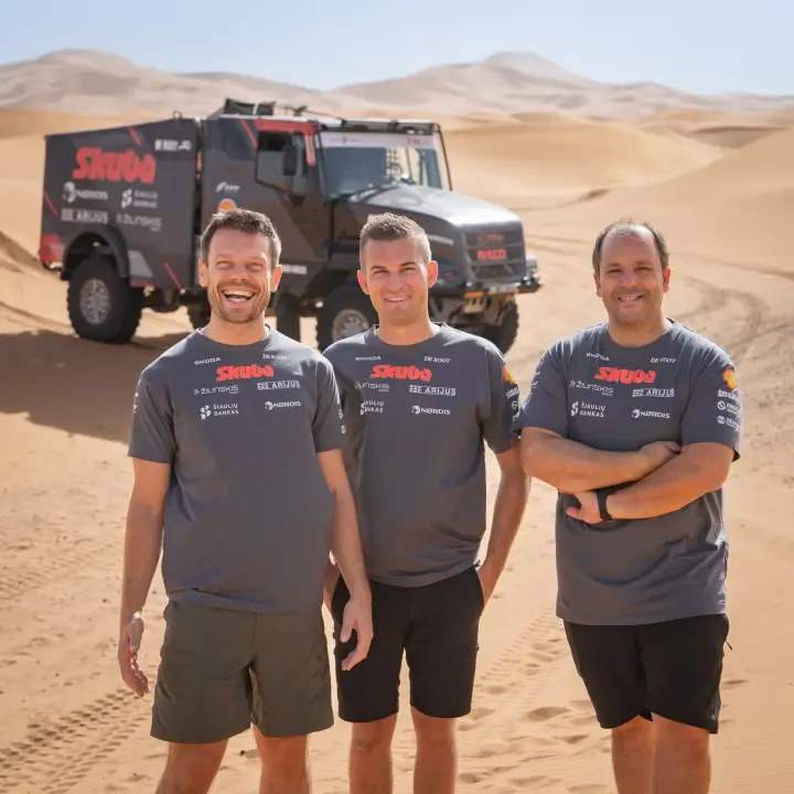 Dakar Rally 2025: three Skuba crew members smiling in desert dunes