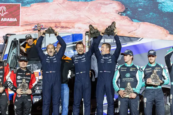 Dakar Rally 2026: All podium finishers cheering with trophies raised