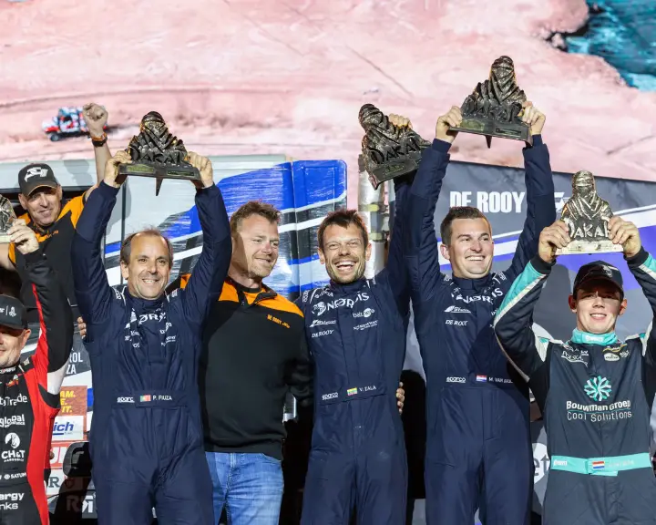 Dakar Rally 2026: NORDIS crew and manager celebrating on podium