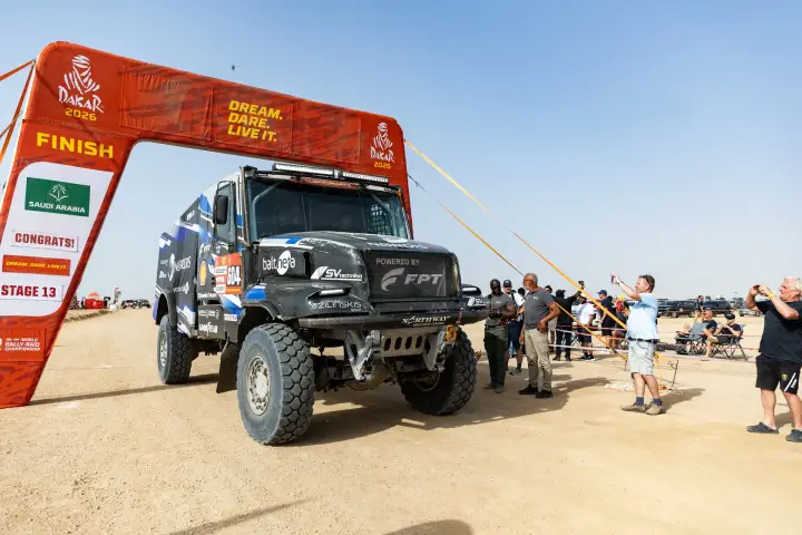 Dakar Rally 2026: NORDIS truck crossing Dakar finish line arch