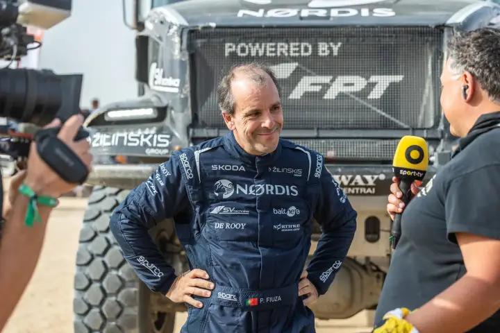 Dakar Rally 2026: Paulo Fiuza laughing during media interview outdoors
